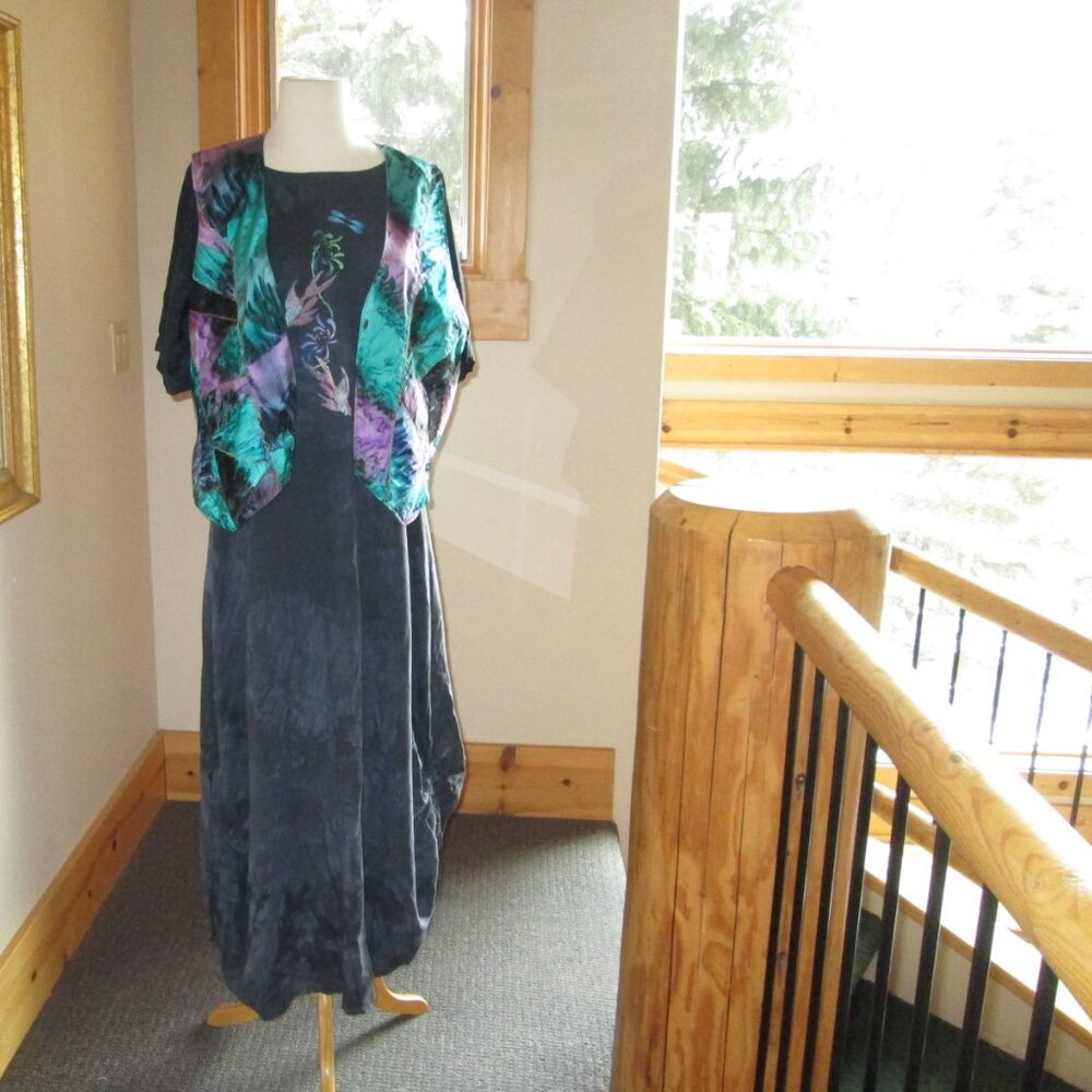 Steel Pony Long-Sleeve Hand Painted Dress with Artisan Made Silk Patchwork Vest